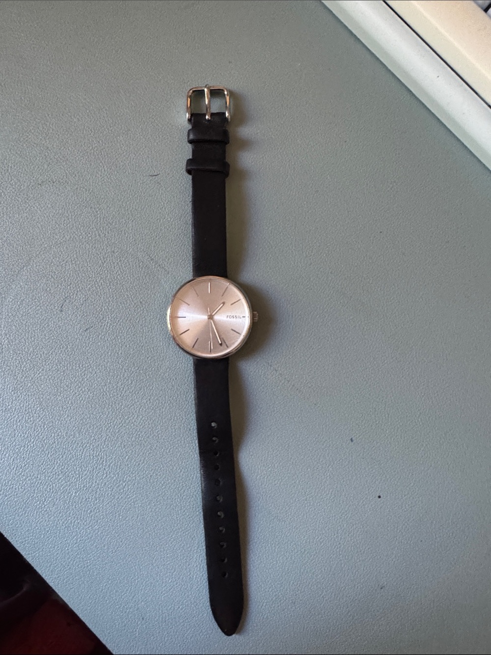 Fossil silver Black Leather Strap Watch, light scratches